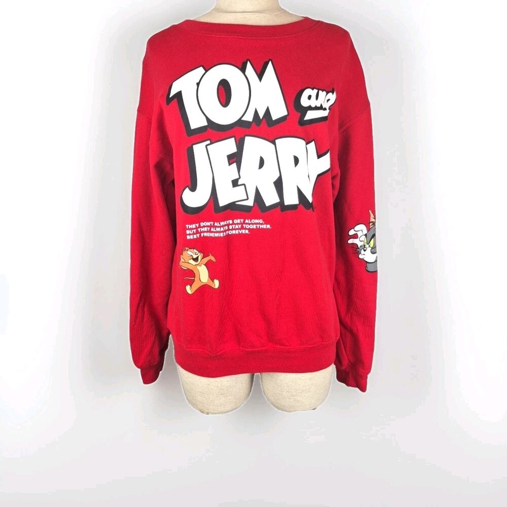 Tom & Jerry Sweatshirt Junior Women Medium 7-9 Red White Long Sleeve Winter Fall